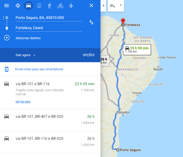 Distância Porto Seguro a Fortaleza